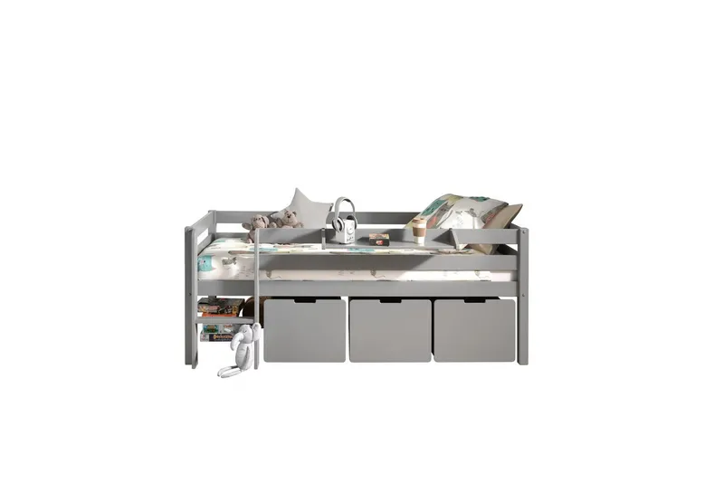 Mellanhög säng med stege och lådor Pino Grå, Set om 3, Med hänghylla, Grå, Set om 3, Med hänghylla