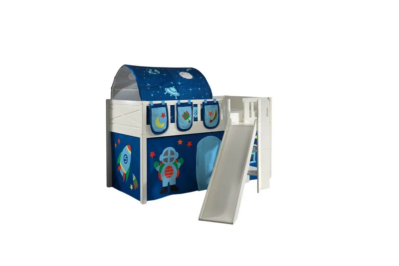 Mellanstegsäng med rutschkana och matchande textilset (lekgardin, tunnel och förvaringsfickor) Scott Astro - Astro - Möbler - Barnmöbler - Barnsäng & juniorsäng - Loftsäng barn