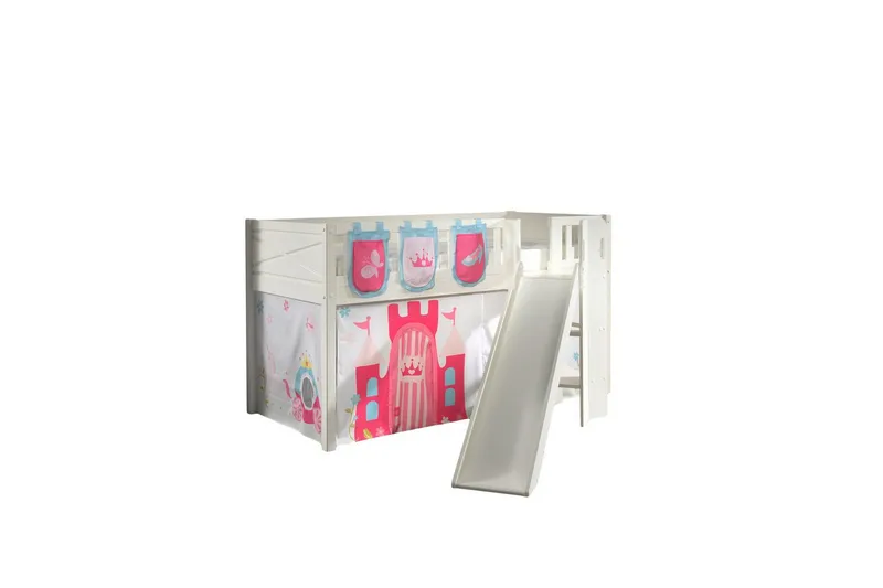 Mellanstegsäng med rutschkana och matchande textilset (lekgardin och förvaringsfickor) Scott Prinsessa - Prinsessa - Möbler - Barnmöbler - Barnsäng & juniorsäng - Loftsäng barn