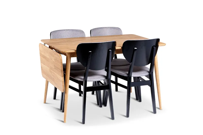 Alborg Förlängningsbar Matgrupp 120-160 cm med 4 Borgholm Stolar i massivt trä, Natur/Svart/Ljusbrun