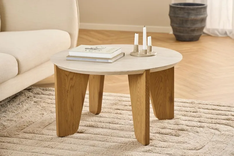 Alkha Runt Soffbord 80 cm i Sten med Träben - Beige - Möbler - Bord & matgrupper - Soffbord