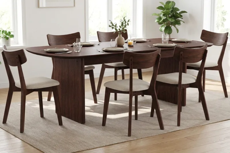 Alma Matgrupp 220 cm rektangulärt i Valnöt med 6 Amelia Matstolar med Dyna - Valnöt/Beige - Möbler - Bord & matgrupper - Matgrupper