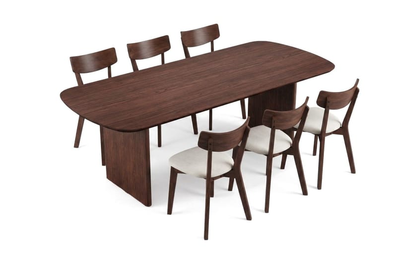 Alma Matgrupp 220 cm rektangulärt i Valnöt med 6 Amelia Matstolar med Dyna - Valnöt/Beige - Möbler - Bord & matgrupper - Matgrupper