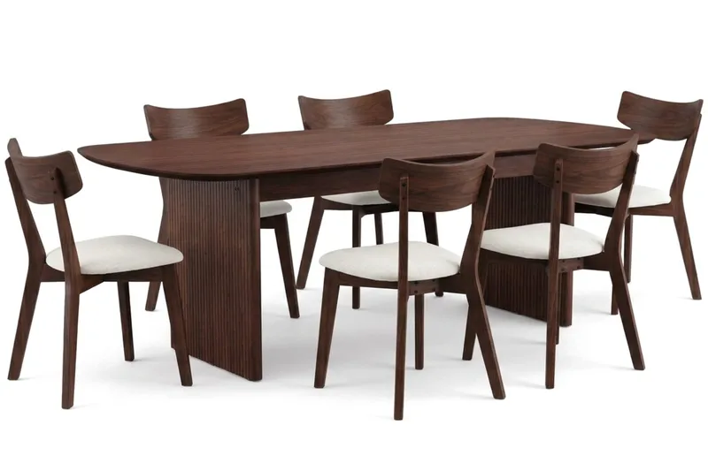 Alma Matgrupp 220 cm rektangulärt i Valnöt med 6 Amelia Matstolar med Dyna, Valnöt/Beige