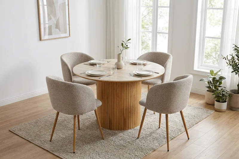 Arvo Matgrupp runt 120 cm Ek med 4 Greya Matstolar - Ek/Greige - Möbler - Bord & matgrupper - Matgrupper