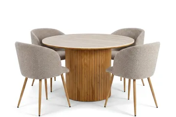 Arvo Matgrupp runt 120 cm Travertinlook med 4 Greya Matstolar - Ek - Möbler - Bord & matgrupper - Matgrupper