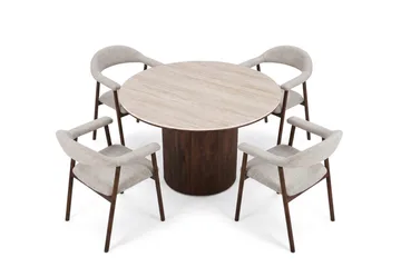 Arvo Matgrupp runt 120 cm Travertinlook med 4 Ronja Matstolar - Valnöt - Möbler - Bord & matgrupper - Matgrupper