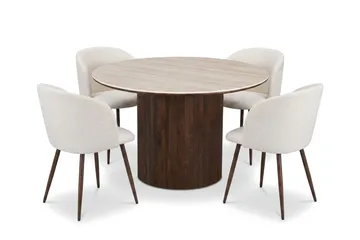 Arvo Matgrupp runt 120 cm Valnöt med 4 Greya Matstolar - Valnöt/Vit - Möbler - Bord & matgrupper - Matgrupper