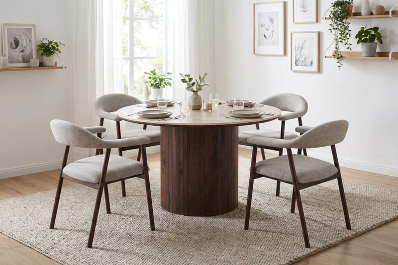 Arvo Matgrupp runt 120 cm Valnöt med 4 Ronja Matstolar - Valnöt - Möbler - Bord & matgrupper - Matgrupper