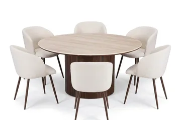 Arvo Matgrupp runt 150 cm Travertin med 6 Greya Matstolar - Valnöt - Möbler - Bord & matgrupper - Matgrupper