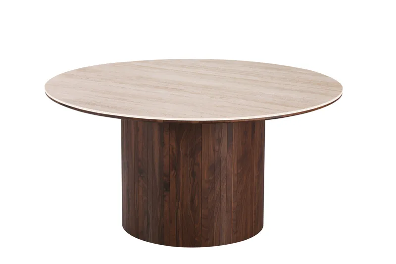 Arvo Runt Matbord 150 cm i Travertin med Pelarfot i Valnötsutseende, Beige