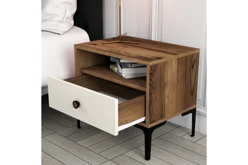 Ameias Sängbord 56 cm med Trä- och Valnötsutseende, Förvaring med Låda - Brun/Beige - Möbler - Bord & matgrupper - Avlastningsbord - Sängbord & nattduksbord