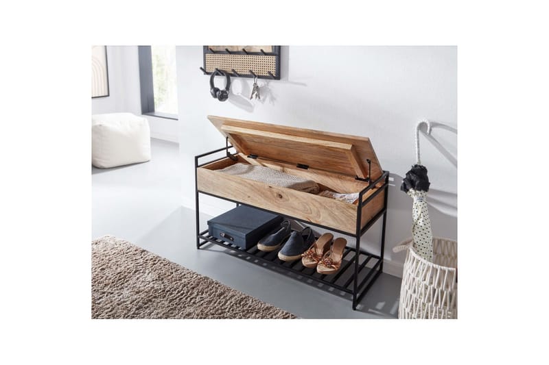 Bänk Wohnling industriell look med stort förvaringsutrymme i massivt trä och öppen skohylla Beige - Beige - Möbler - Bord & matgrupper - Avlastningsbord - Lampbord
