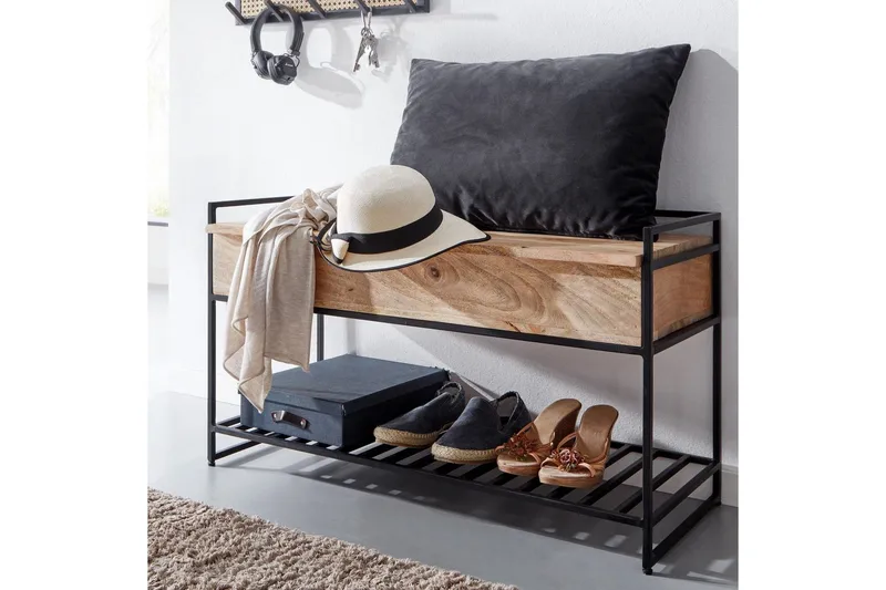 Bänk Wohnling industriell look med stort förvaringsutrymme i massivt trä och öppen skohylla Beige - Beige - Möbler - Bord & matgrupper - Avlastningsbord - Lampbord