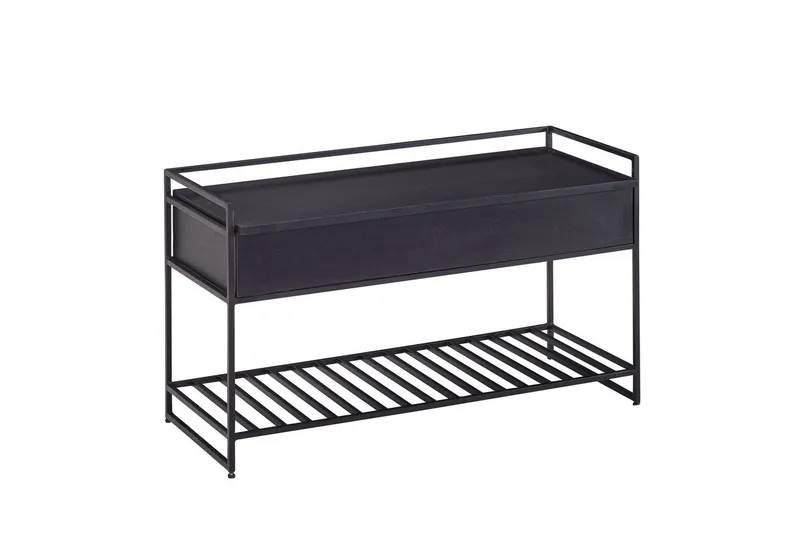 Bänk Wohnling industriell look med stort förvaringsutrymme i massivt trä och öppen skohylla Svart, Svart