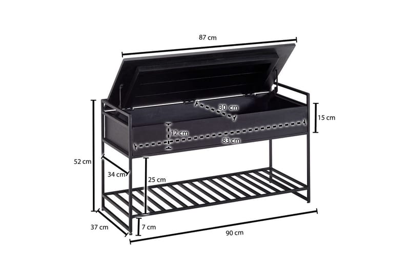 Bänk Wohnling industriell look med stort förvaringsutrymme i massivt trä och öppen skohylla Svart - Svart - Möbler - Bord & matgrupper - Avlastningsbord - Lampbord
