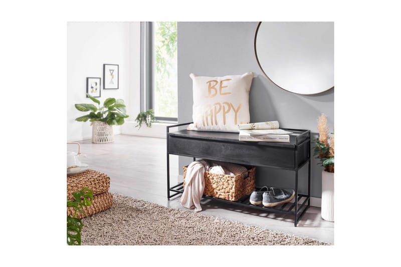 Bänk Wohnling industriell look med stort förvaringsutrymme i massivt trä och öppen skohylla Svart - Svart - Möbler - Bord & matgrupper - Avlastningsbord - Lampbord