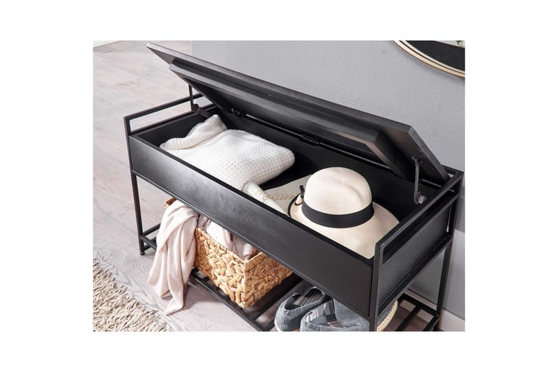 Bänk Wohnling industriell look med stort förvaringsutrymme i massivt trä och öppen skohylla Svart - Svart - Möbler - Bord & matgrupper - Avlastningsbord - Lampbord