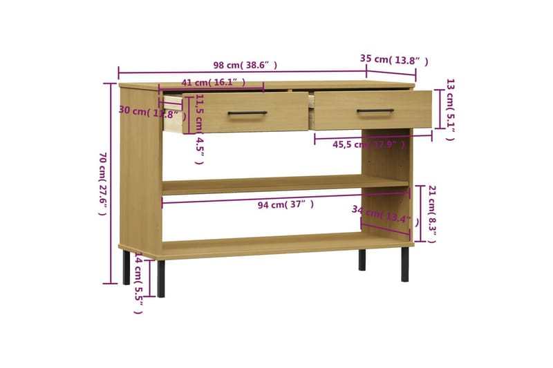 beBasic Konsolbord med metallben OSLO brun massiv furu - Brown - Möbler - Bord & matgrupper - Avlastningsbord - Hallbord