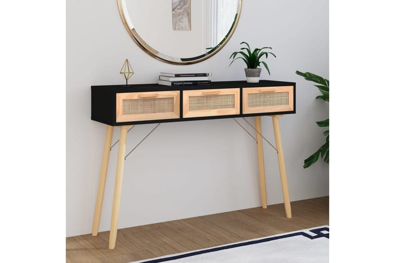 beBasic Konsolbord svart 105x30x75 cm massiv furu och naturlig rotting - Black - Möbler - Bord & matgrupper - Avlastningsbord - Konsolbord & sidobord