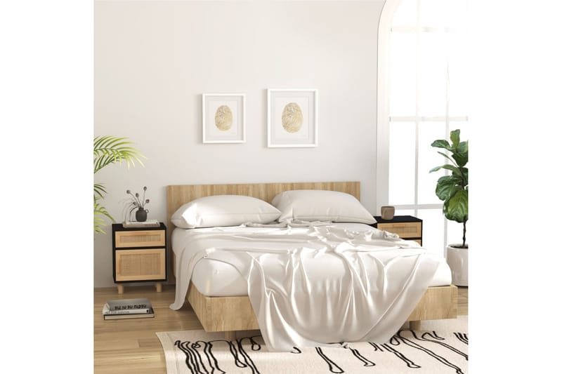 beBasic Sängbord 2 st svart massiv furu och naturlig rotting - Black - Sängbord & nattduksbord
