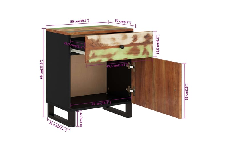 beBasic Sängbord 50x33x60 cm massivt återvunnet och konstruerat trä - Flerfärgsdesign - Möbler - Bord & matgrupper - Avlastningsbord - Sängbord & nattduksbord