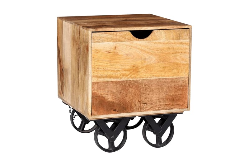 Sidobord med låda och hjul massivt mangoträ 40x40x45 cm - Brun - Lampbord - Brickbord & småbord