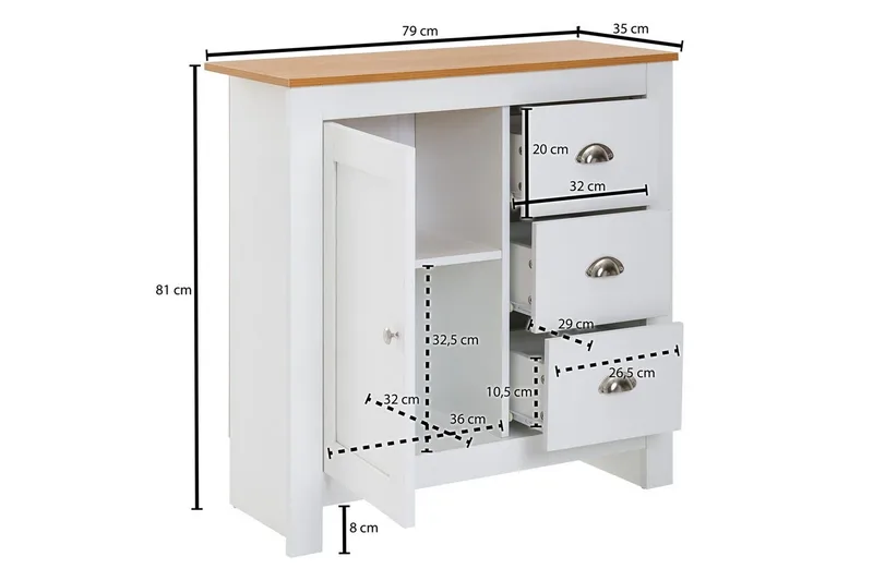 Byrå Wohnling med 3 lådor 2 dörrar tvåfärgad vit ek lantlig stil - Förvaring - Förvaringsmöbler - Byrå - Hallbyrå
