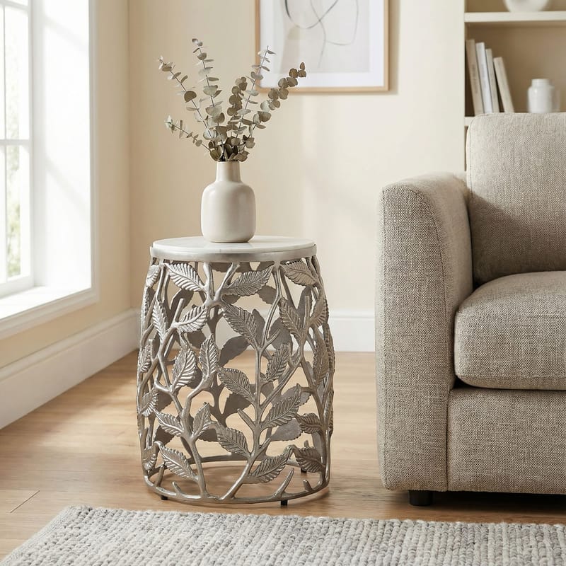 Ceron Runt sidobord 40 cm med marmorskiva - vit silver - Möbler - Bord & matgrupper - Avlastningsbord - Lampbord