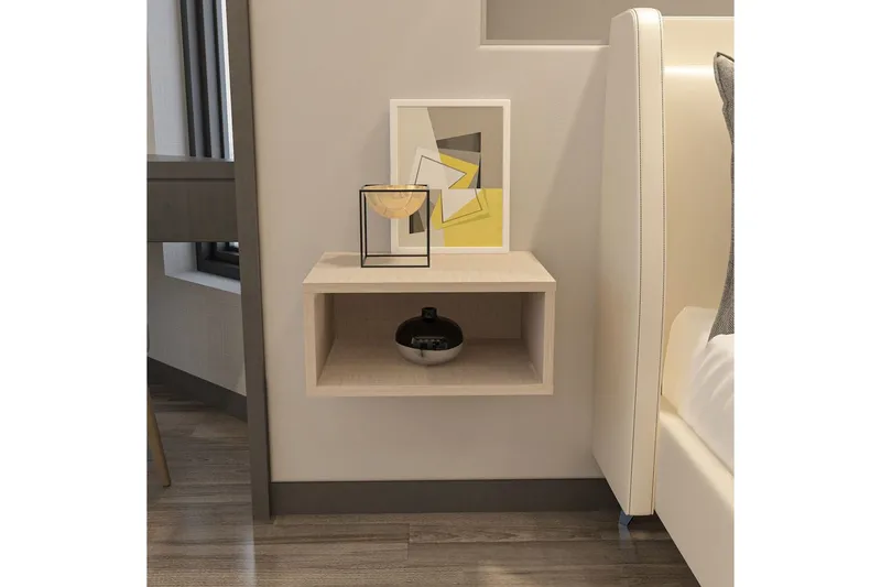 Dora Vägghängt Sängbord 45 cm med Trä- och Ekutseende, Förvaring med Hylla, Beige