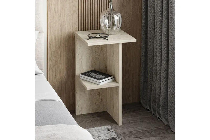 Gwyneth Sängbord 36 cm med Travertinutseende, Förvaring med Hyllor - Grå - Möbler - Bord & matgrupper - Avlastningsbord - Sängbord & nattduksbord