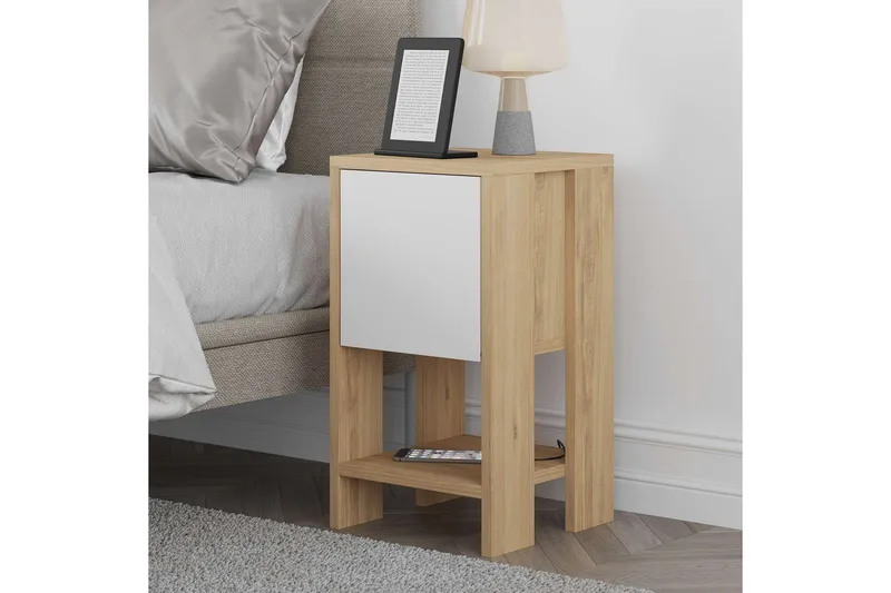 Haelyn Sängbord 30 cm med Trä- och Ekutseende, Förvaring med Hylla - Natur/Vit - Möbler - Bord & matgrupper - Avlastningsbord - Sängbord & nattduksbord