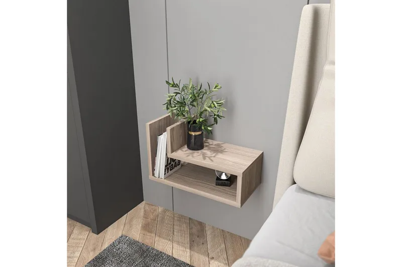 Jarlech Vägghängt Sängbord & Nattduksbord 45 cm med Trä- och Valnötsutseende, Förvaring med Hyllor - Ljus Taupe - Möbler - Bord & matgrupper - Avlastningsbord - Sängbord & nattduksbord