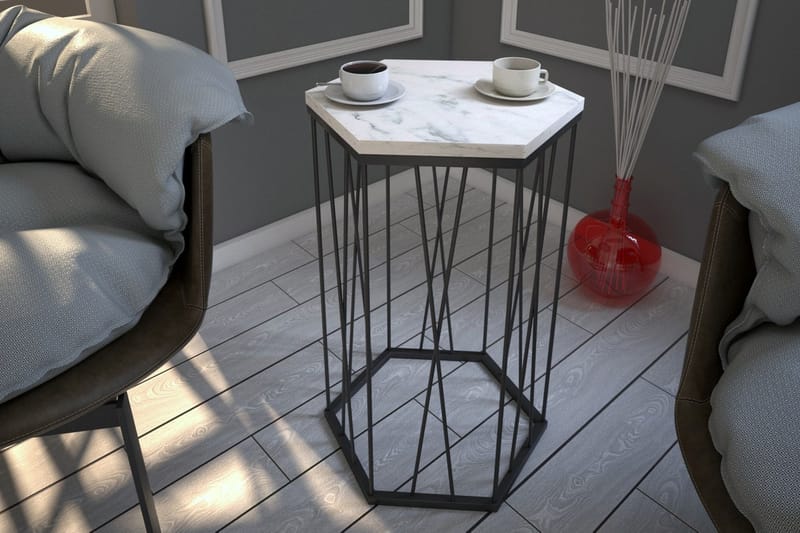 Falan Sidobord 40 cm Hexagon Marmormönster - Vit/Svart - Lampbord - Brickbord & småbord