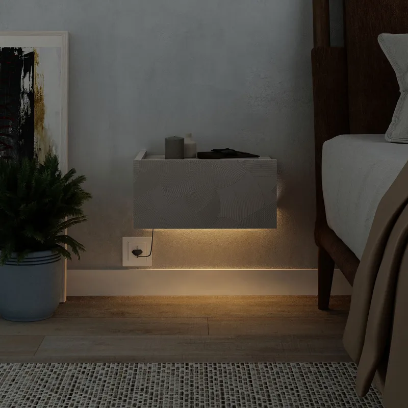 Nilena Vägghängt Sängbord & Nattduksbord med LED-belysning och Låda 38 cm i Trä & Travertin - Beige - Möbler - Bord & matgrupper - Avlastningsbord - Sängbord & nattduksbord