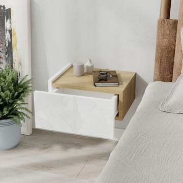 Nilena Vägghängt Sängbord 38 cm med Trä- och Ekutseende, Förvaring med Låda - Vit/Beige - Möbler - Bord & matgrupper - Avlastningsbord - Sängbord & nattduksbord