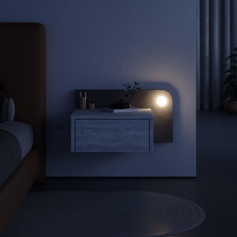 Nosina Vägghängt Sängbord 52 cm med Ek- och Betongutseende, Förvaring med Låda och LED-belysning - Grå/Vit - Möbler - Bord & matgrupper - Avlastningsbord - Sängbord & nattduksbord