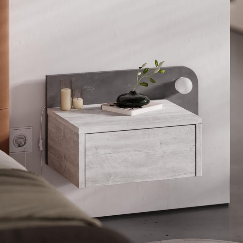 Nosina Vägghängt Sängbord 52 cm med Ek- och Betongutseende, Förvaring med Låda och LED-belysning - Grå/Vit - Möbler - Bord & matgrupper - Avlastningsbord - Sängbord & nattduksbord