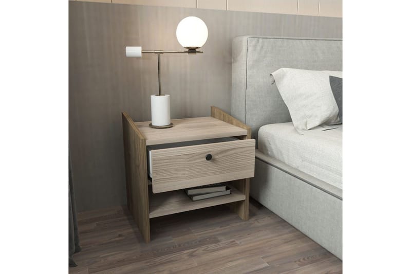 Retzow Sängbord & Nattduksbord med Trä- och Valnötsutseende, Förvaring med Låda - Beige - Möbler - Bord & matgrupper - Avlastningsbord - Sängbord & nattduksbord