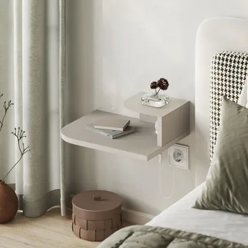Rilina Vägghängt Sängbord & Nattduksbord med LED-belysning och Förvaring 40 cm i Trä - Beige - Möbler - Bord & matgrupper - Avlastningsbord - Sängbord & nattduksbord