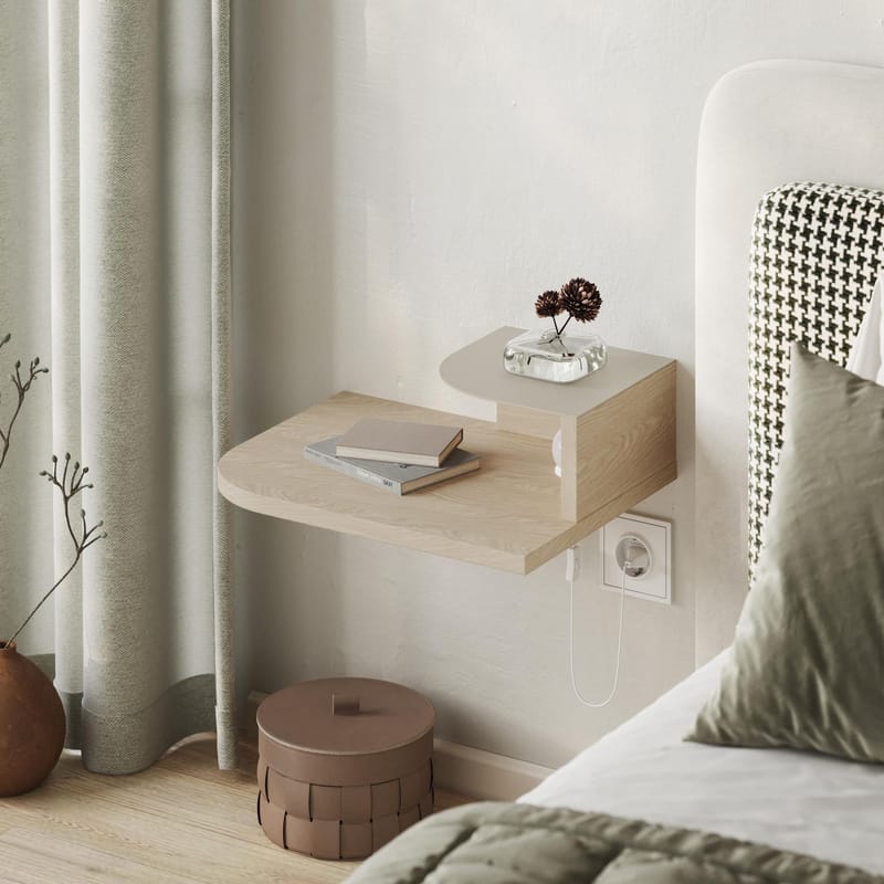 Rilina Vägghängt Sängbord 40 cm med Trä- och Ekutseende, Förvaring med Hylla och LED-belysning - Beige - Möbler - Bord & matgrupper - Avlastningsbord - Sängbord & nattduksbord