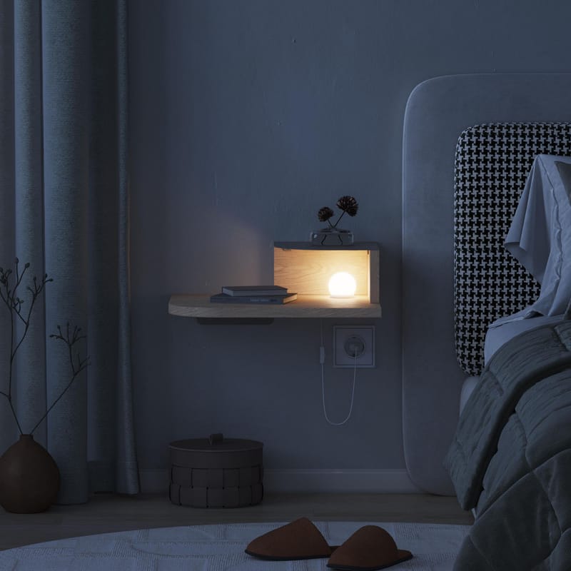 Rilina Vägghängt Sängbord 40 cm med Trä- och Ekutseende, Förvaring med Hylla och LED-belysning - Beige - Möbler - Bord & matgrupper - Avlastningsbord - Sängbord & nattduksbord