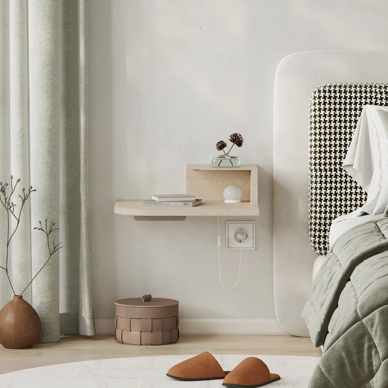 Rilina Vägghängt Sängbord 40 cm med Trä- och Ekutseende, Förvaring med Hylla och LED-belysning - Beige - Möbler - Bord & matgrupper - Avlastningsbord - Sängbord & nattduksbord