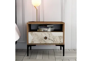 Ameias Sängbord 56 cm med Valnöts- och Marmorutseende, Förvaring med Låda - Brun/Grå - Möbler - Bord & matgrupper - Avlastningsbord - Sängbord & nattduksbord