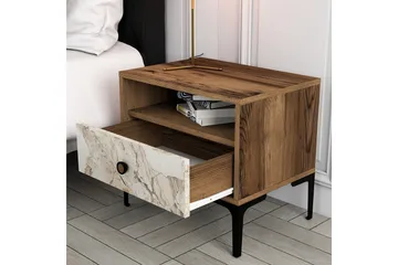 Ameias Sängbord 56 cm med Valnöts- och Marmorutseende, Förvaring med Låda - Brun/Grå - Möbler - Bord & matgrupper - Avlastningsbord - Sängbord & nattduksbord