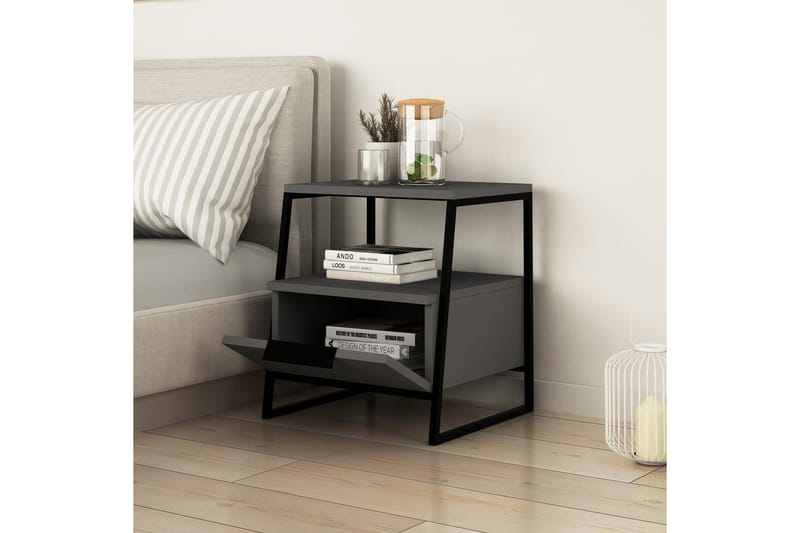 Bodsjö Sängbord 45 cm med Förvaring Hylla + Lucka - Grå/Svart - Möbler - Bord & matgrupper - Avlastningsbord - Sängbord & nattduksbord