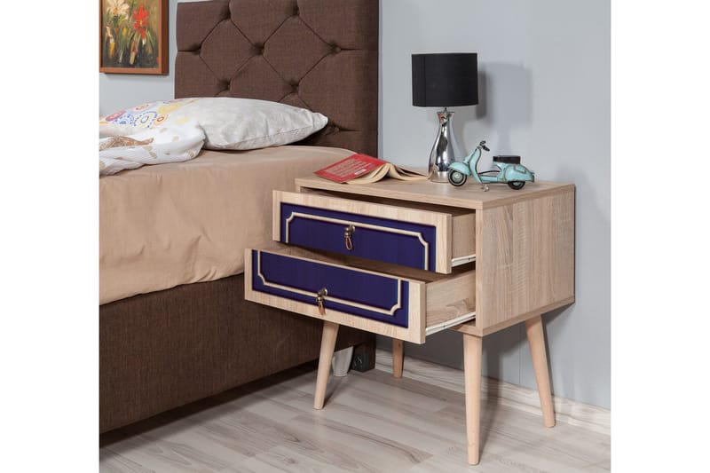 Brokind Sängbord 60 cm med Förvaring 2 Lådor Dekor - Natur/Blå - Möbler - Bord & matgrupper - Avlastningsbord - Sängbord & nattduksbord