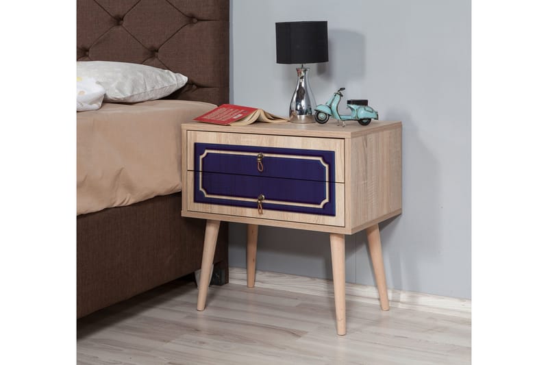 Brokind Sängbord 60 cm med Förvaring 2 Lådor Dekor - Natur/Blå - Möbler - Bord & matgrupper - Avlastningsbord - Sängbord & nattduksbord