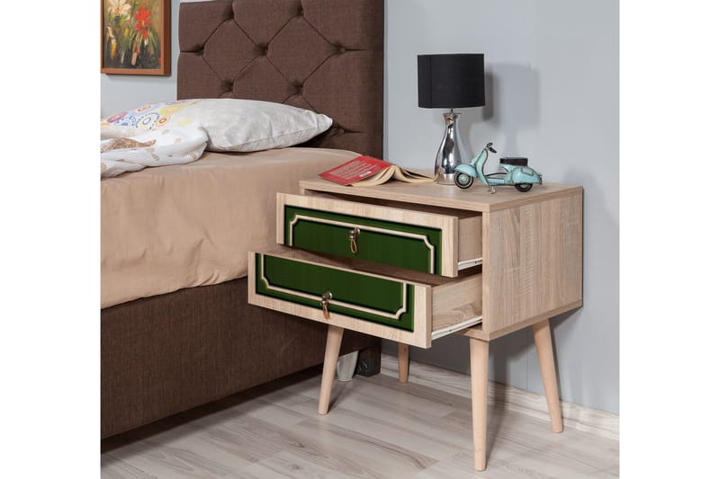 Brokind Sängbord 60 cm med Förvaring 2 Lådor Dekor - Natur/Grön - Möbler - Bord & matgrupper - Avlastningsbord - Sängbord & nattduksbord