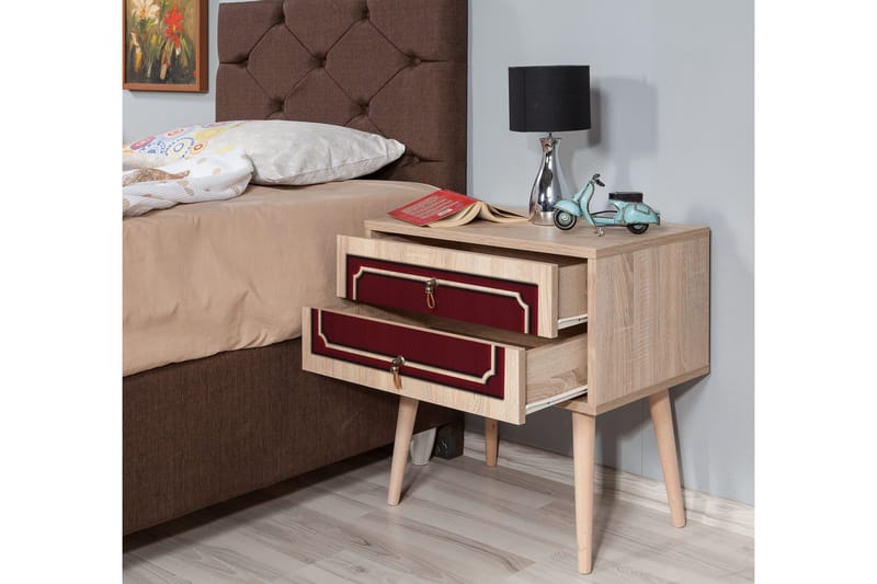 Brokind Sängbord 60 cm med Förvaring 2 Lådor Dekor - Natur/Röd - Möbler - Bord & matgrupper - Avlastningsbord - Sängbord & nattduksbord